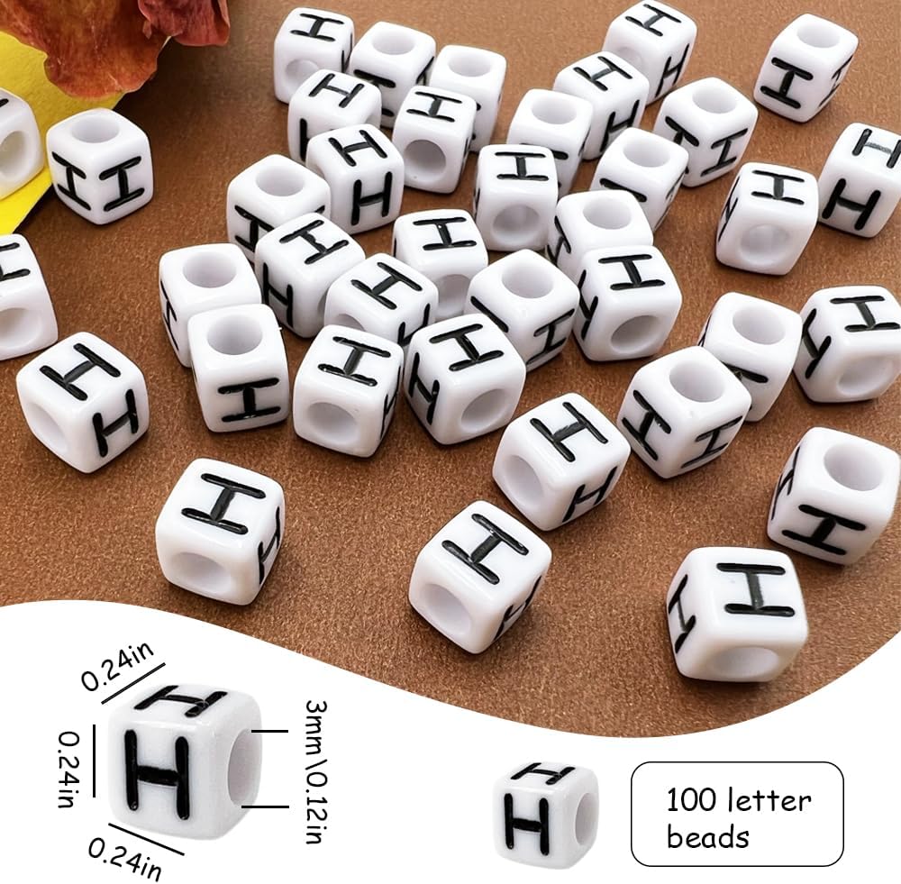 MIIIM 100pcs Pony Beads Letter H for Keychains Making, 6x6mm Large Hole Square Letter Beads for Bracelets Making, Alphabets, Numbers (White and Black)