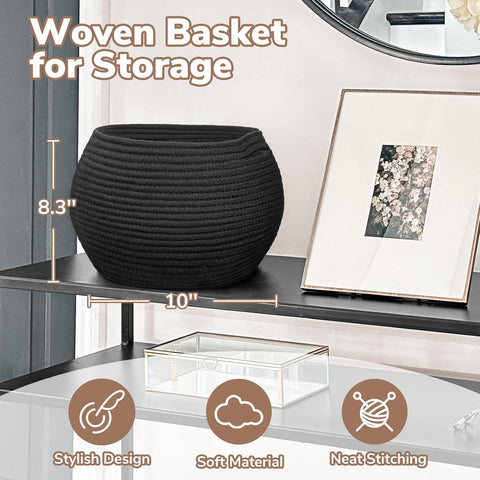 Goodpick Round Woven Rope Storage Basket for Shelves, 10" x 8.3", Black