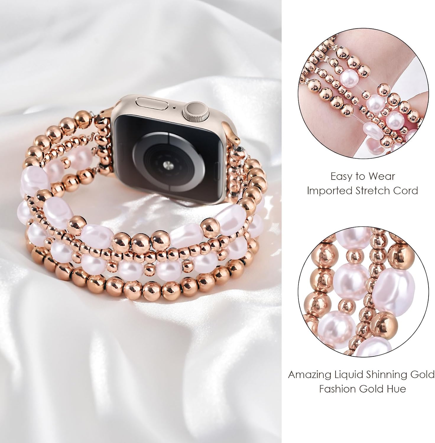 AIRSPO Gold Beaded Bracelets Compatible for Apple Watch Band 38mm 40mm 41mm 42mm Women, Fashion Handmade Dressy iPhone Watch Bands Stainless Steel Beads Elastic Strap for iWatch Series 11 10 9 SE 8 7 6 5 4 3 2 1 (Pink Pearl Rose Gold)