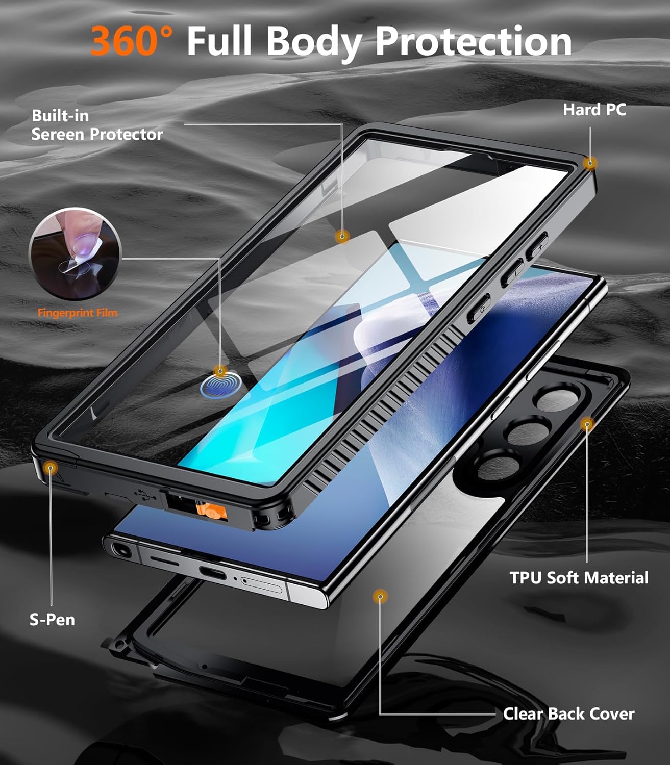 Designed for Samsung Galaxy S24 Ultra Case,Waterproof Built-in Lens & Screen Protector [Full Body Shockproof][Military Drop Proof][IP68 Underwater] Phone Case for S24 Ultra 5G-Black (2024)