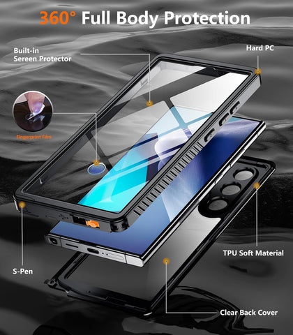 Designed for Samsung Galaxy S24 Ultra Case,Waterproof Built-in Lens & Screen Protector [Full Body Shockproof][Military Drop Proof][IP68 Underwater] Phone Case for S24 Ultra 5G-Black (2024)
