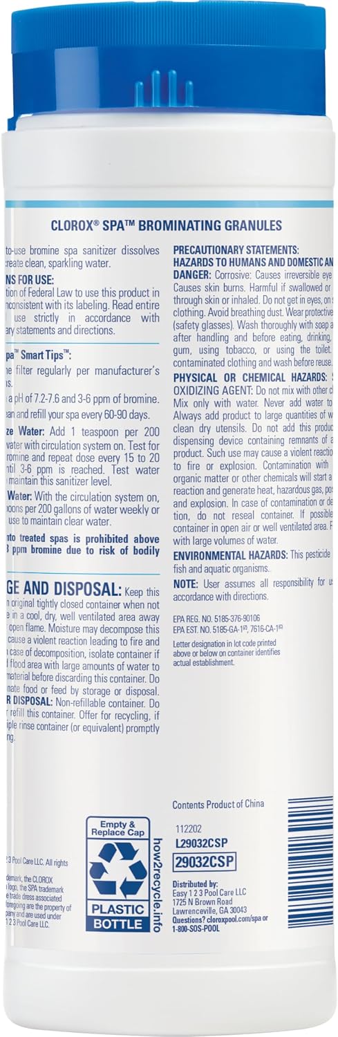 Clorox® Pool&Spa™ Spa Brominating Granules, for Low, Odor Sanitization, Restores Water Clarity in Hot Tubs and Spas, 2 lb (Pack of 1)