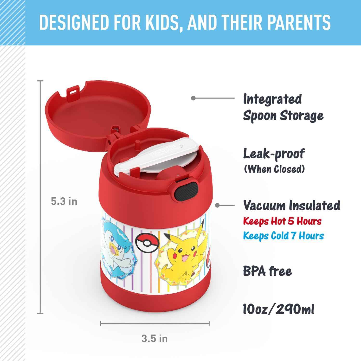 THERMOS FUNTAINER 10 Ounce Stainless Steel Vacuum Insulated Kids Food Jar with Spoon, POKEMON