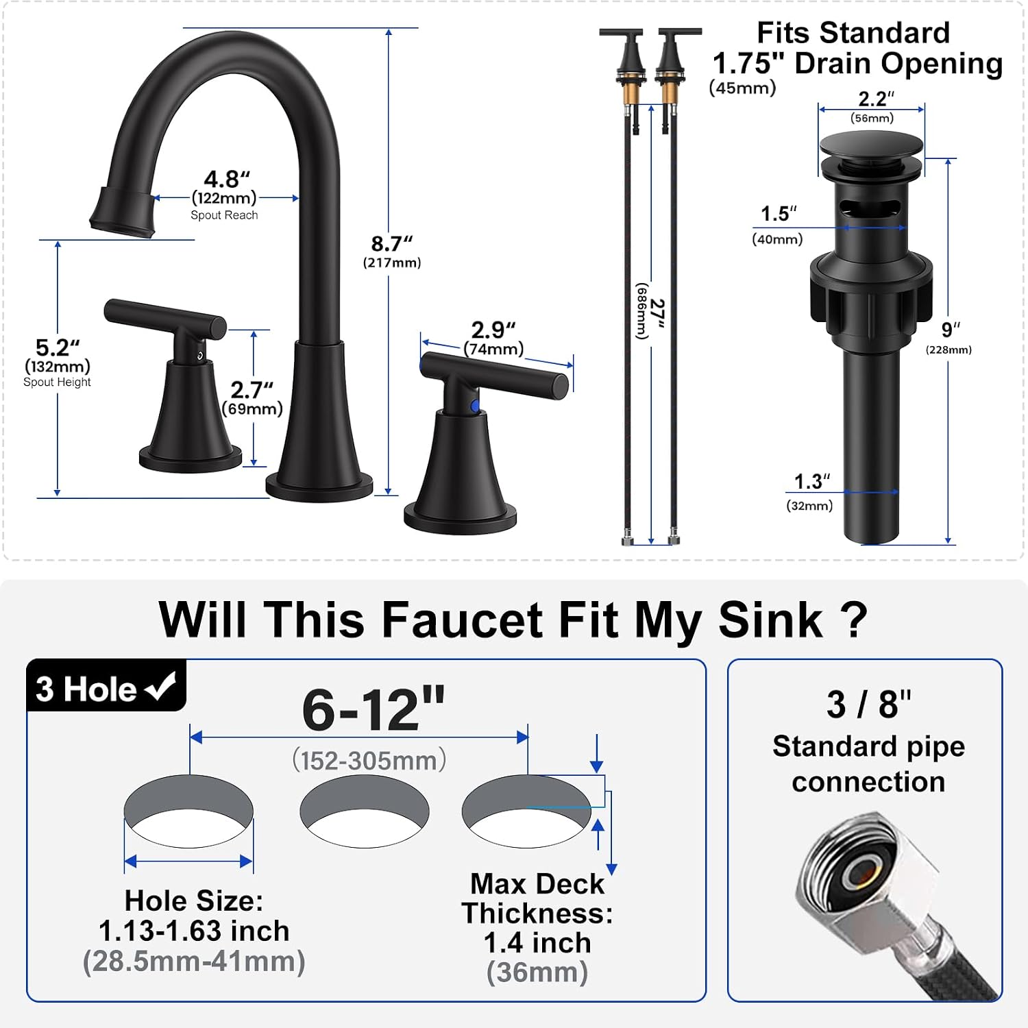 Bathroom Faucet 3 Hole, Matte Black Faucets with Drain and Supply Lines