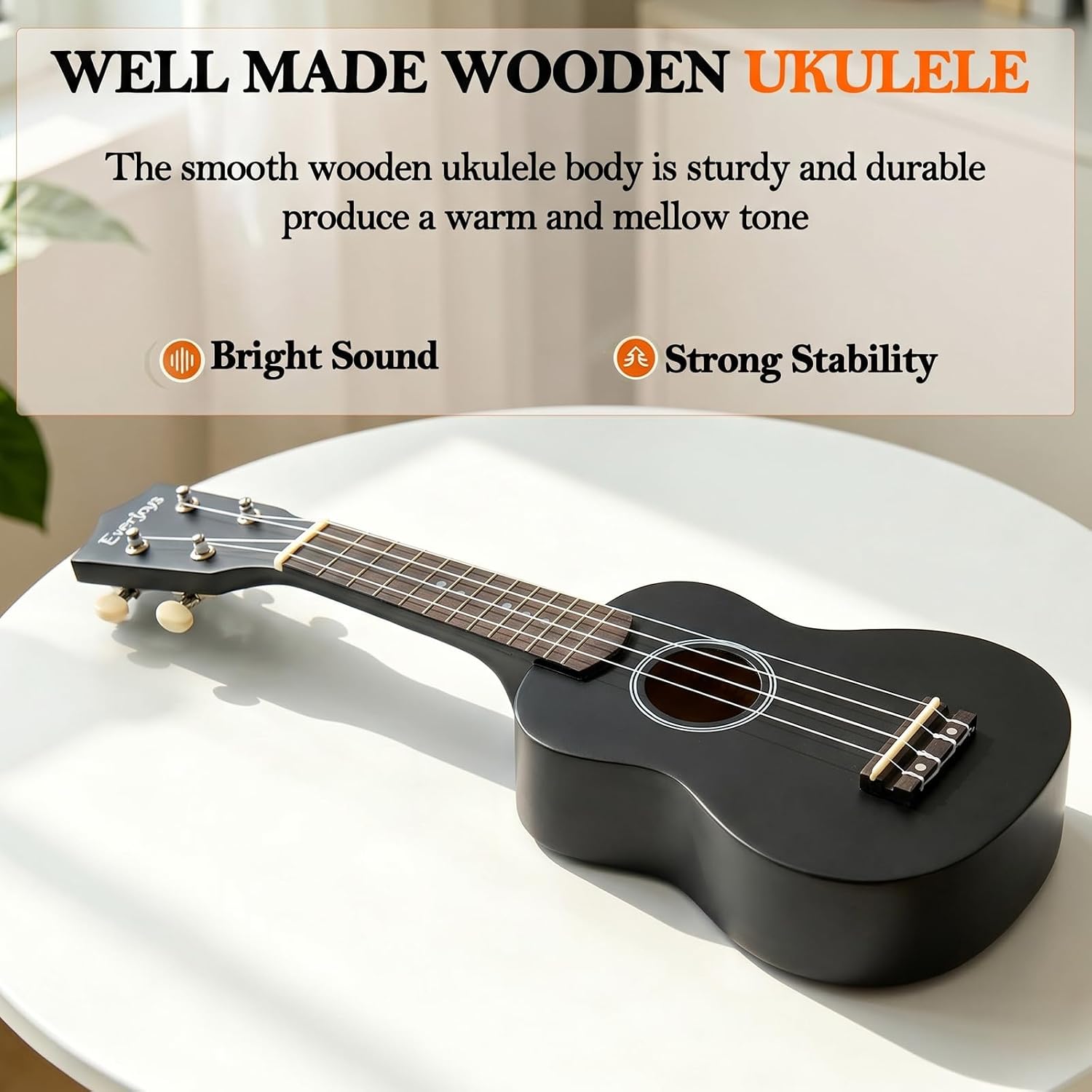 Everjoys Soprano Ukulele Beginner Kit 21 Inch w/Free Online Lesson Gig Bag Tuner Picks Strap, Fast to Learn (Black)