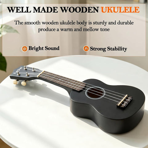 Everjoys Soprano Ukulele Beginner Kit 21 Inch w/Free Online Lesson Gig Bag Tuner Picks Strap, Fast to Learn (Black)