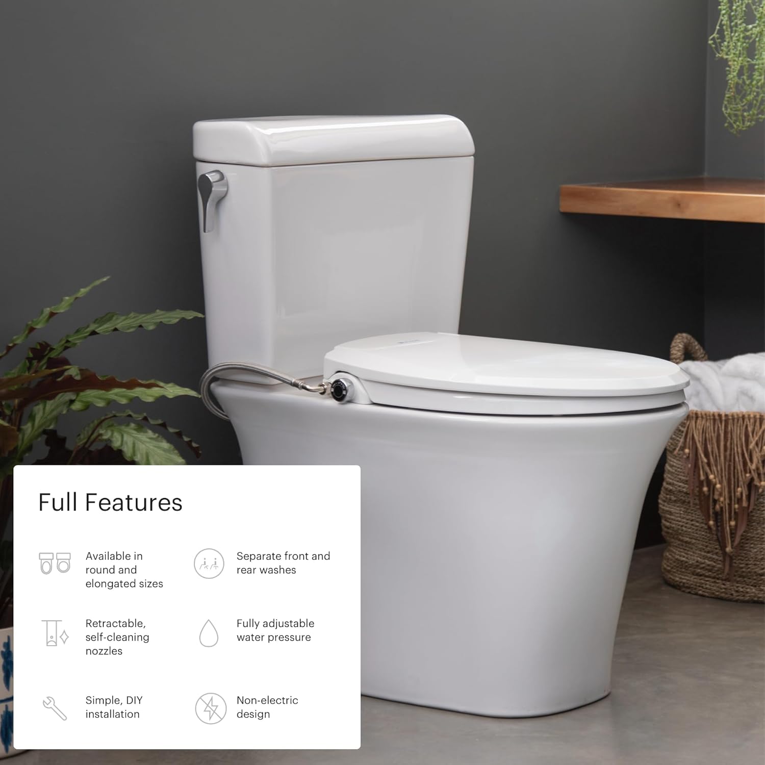 Brondell Bidet Toilet Seat Non-Electric Swash Seat, Fits Round Toilets, White – Dual Nozzle System, Ambient Water Temperature – Bidet with Easy Installation