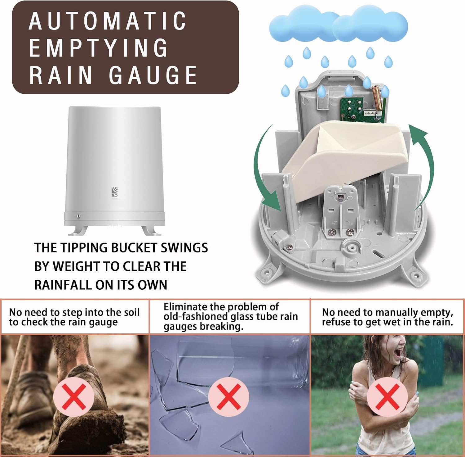 Wireless Rain Gauge Outdoor with Thermometer, Digital Rain Gauges Outdoors Best Rated with Self-Emptying & Freeze Proof, Accurate Remote Rain Measure Gauge, Automatic Outside Rain Gauge for Yard