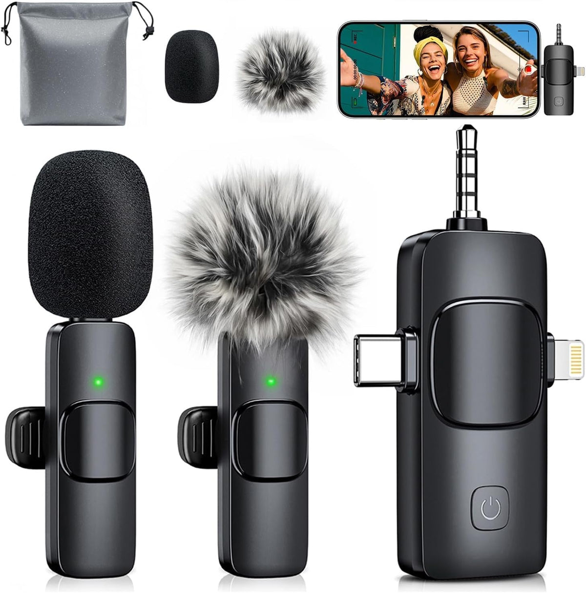 MENERESAS 3-in-1 Mini Microphone for iPhone: Wireless Lavalier Microphone with 80ft Range & 15H Battery - Noise Reduction Lapel Mic, Real-Time Monitoring for Video Recording Power Conditioners