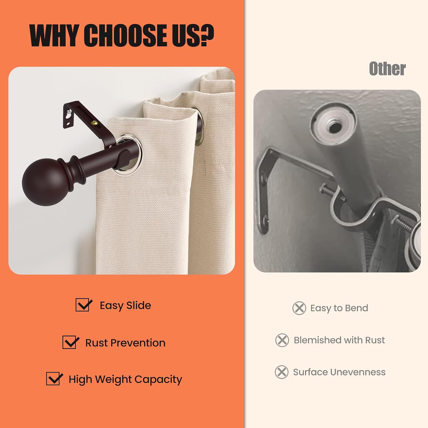 Curtain Rods for Windows 30 to 60 Inch, 5/8 Inch Heavy Duty Decorative Curtain Rod with Ball End Caps, Adjustable Brackets. Easy to install. Brown.