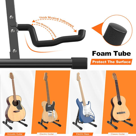 GLEAM Guitar Stand - Electric, Acoustic and Bass, Banjo Stand, A-Frame Metal Folding Guitar Rack with Non-Slip Rubber Sleeves and Foam Arms Black