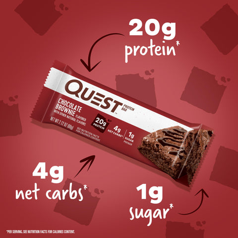 Quest Nutrition Chocolate Brownie Protein Bar, 20g Protein, 1g Sugar, 4g Net Carb, Gluten Free, Gluten Free, 12 Count