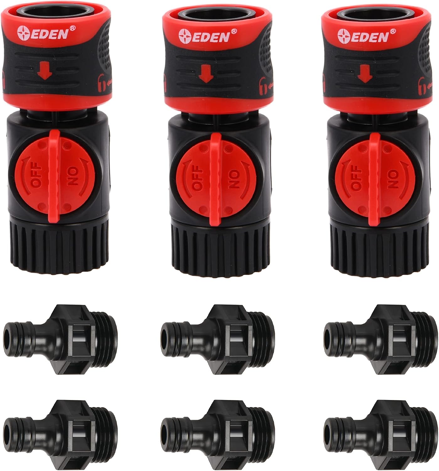 Eden 93218 Premium Garden Hose Quick Connect Kit | 9-Piece / 3-Pair Snap & Lock Fittings and Adapters with Water Stop, Flow Control, Secure Twist-Lock Design
