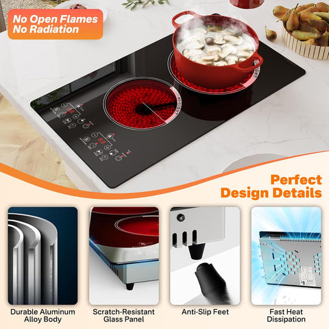 2 Burner Electric Stove 12 inch Hot Plate for Cooking, Built-in Infrared Cooktop, 120V Ceramic Hotplate Plug in Infrared Cooker, Countertop and Built-in Compatible