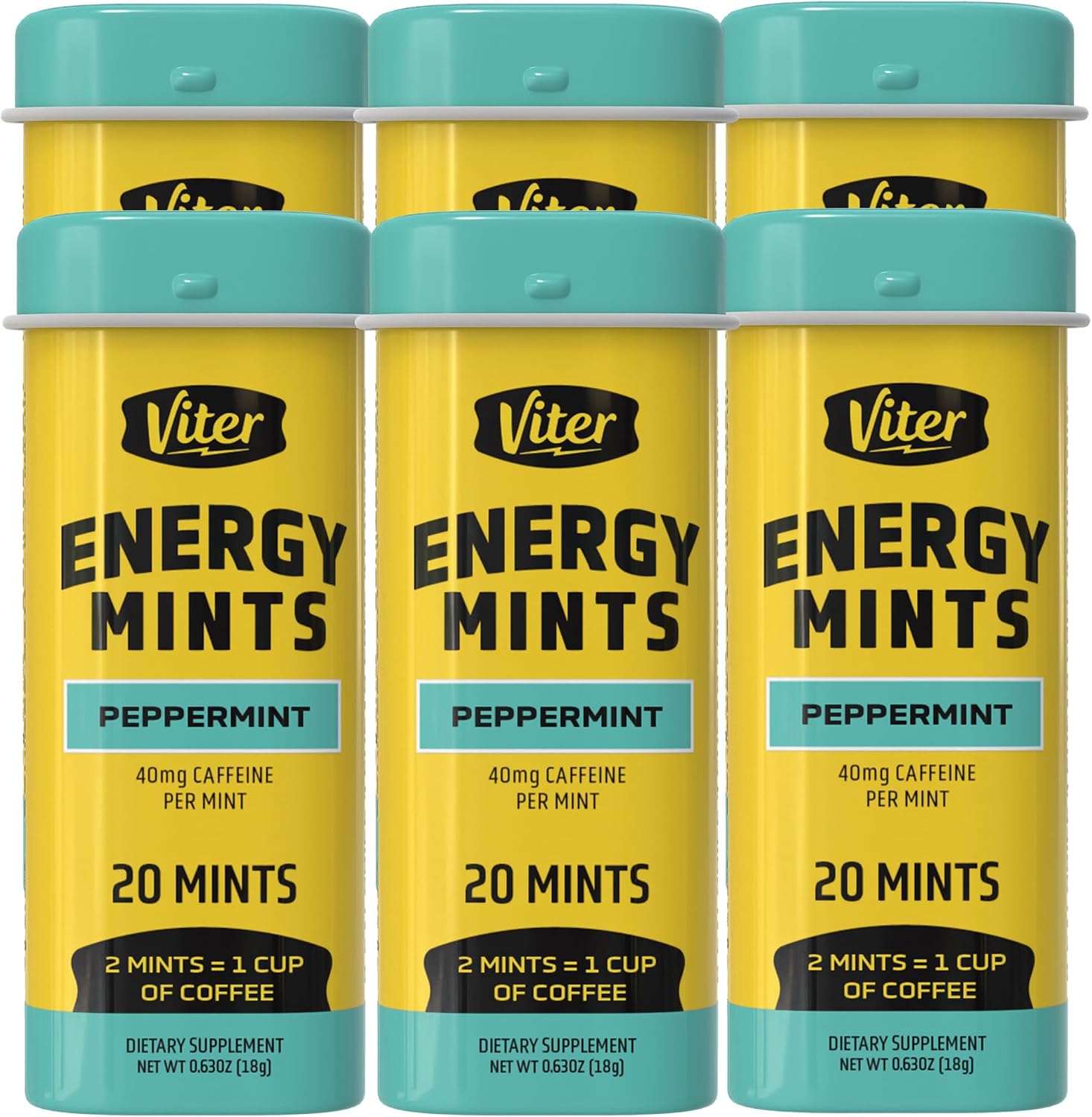 Viter Energy Caffeine Mints 40mg, Sugar Free, Peppermint, 20ct, 6 Pack