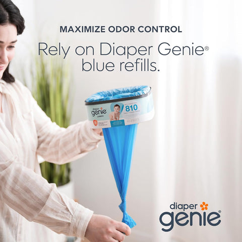 The Diaper Genie Jumbo+ Square Refill, with continuous film, can hold up to 1080 newborn-sized diapers per refill.