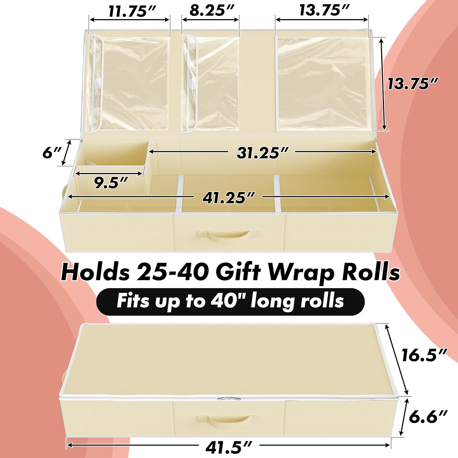 Simple Houseware 41.5" Wrapping Paper Organizer, Fits 40 Rolls, Beige