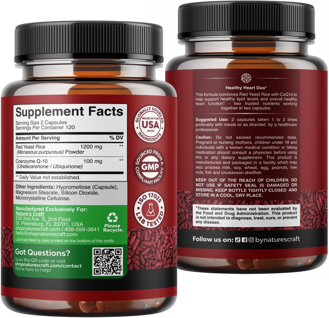 Red Yeast Rice with CoQ10 Supplement - Healthy Heart Support – 240 Ct