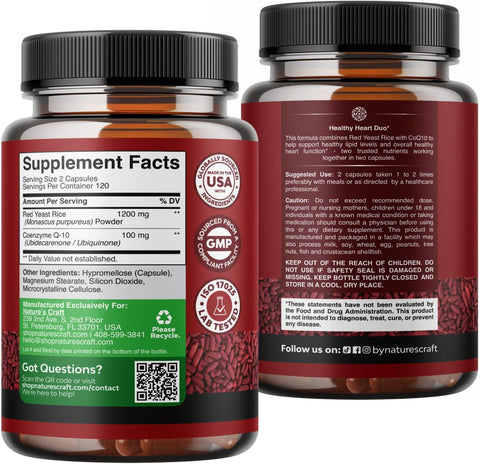 Red Yeast Rice with CoQ10 Supplement - Healthy Heart Support – 240 Ct