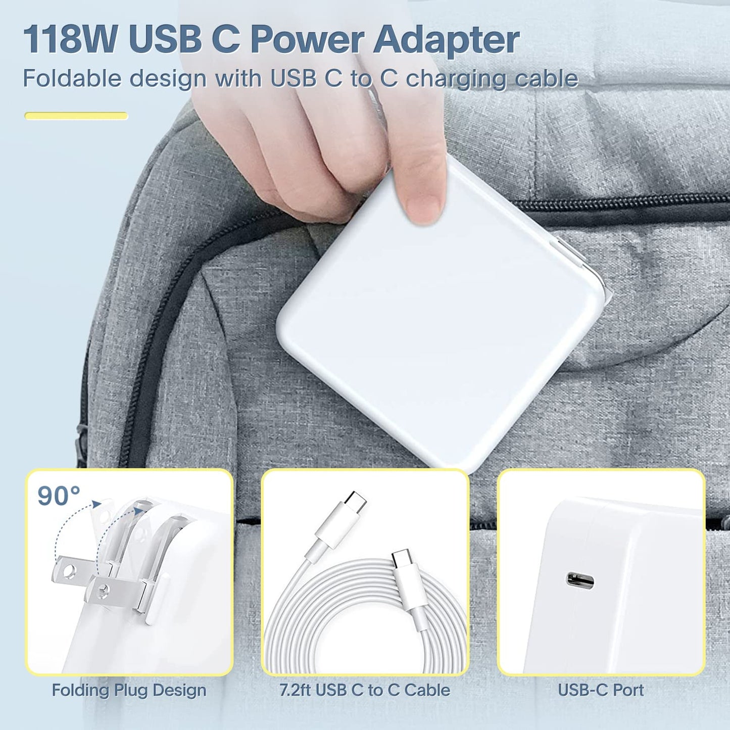 Mac Book Pro Charger - 118W Power Adapter Compatible with USB C Port MacBook Pro & MacBook Air 13, 14, 15, 16 inch, New ipad Pro and All USB C Device, 7.2ft USB-C to C Charge Cable