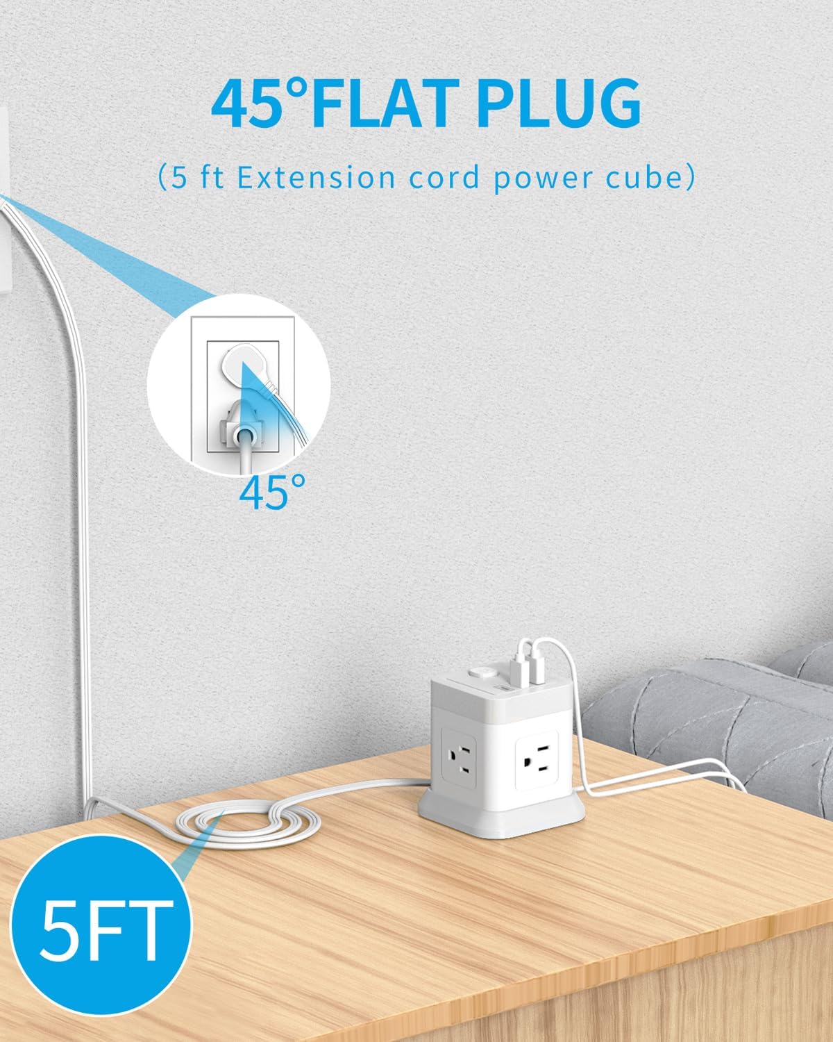 FDTEK 2 Prong Power Strip USB C, 4 Outlets 3 USB 5 FT Extension Cord White