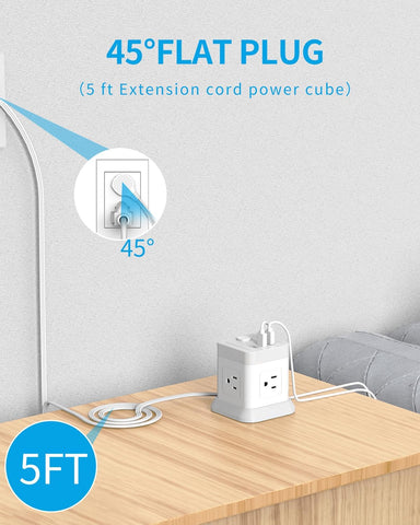 FDTEK 2 Prong Power Strip USB C, 4 Outlets 3 USB 5 FT Extension Cord White