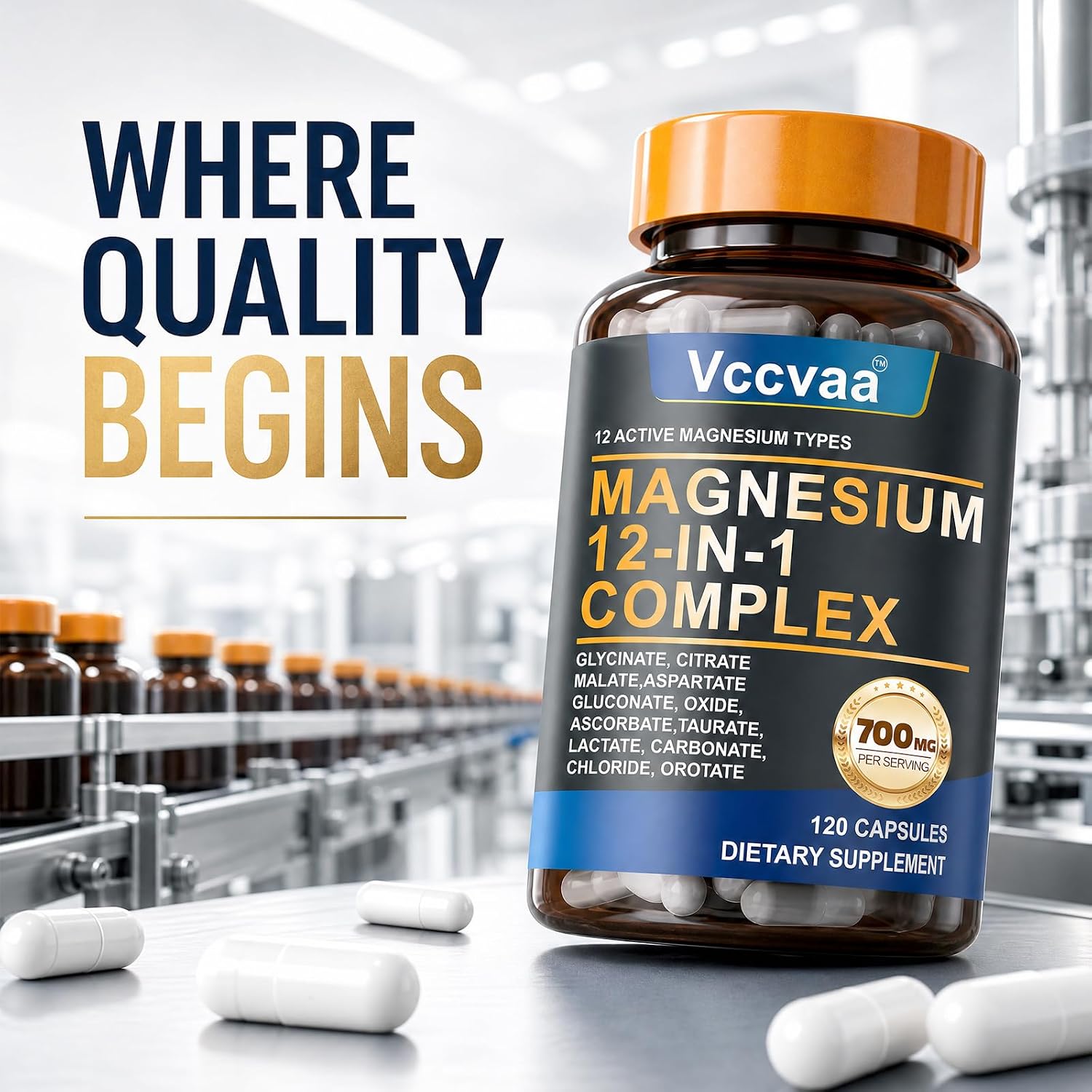 Magnesium Complex 700mg | 12-in-1 High Absorption Supplement | Glycinate, Citrate, Malate, Taurate & More | Sleep Support, Muscle Cramp Relief, Stress, Heart & Nerve Health | 120 Vegan Capsules