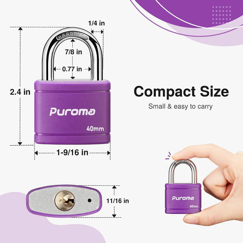 Puroma 2 Keyed Padlock with 3 Keys 7/8" School Locker Lock Gate 40mm Purple