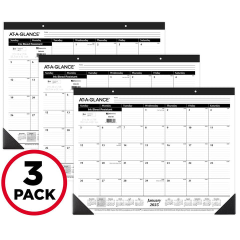 AT-A-GLANCE 2025 Desk Calendar, Desk Pad, Monthly, 21-3/4" x 17", Large, Ruled Blocks, 3 Pack (AZSK240025)