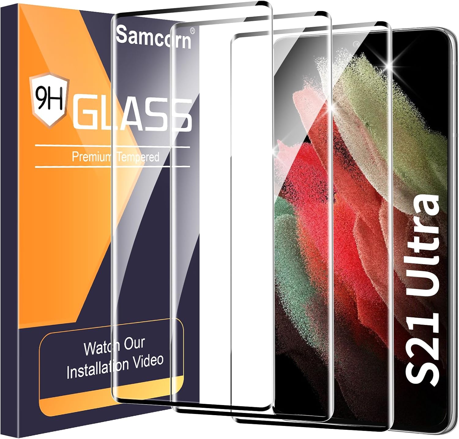 3 Pack Galaxy S21 Ultra Screen Protector, HD Clear Tempered Glass, Fingerprint Unlock, 3D Curved, Scratch Resistant, No Bubble for Samsung Galaxy S21 Ultra 5G Glass Screen Protector