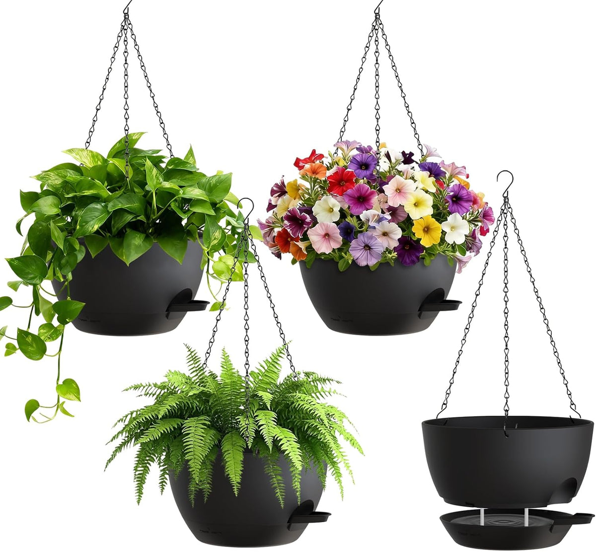 UOUZ 4 Pack 8 Inch Self Watering Hanging Planters for Indoor Outdoor Plants，Hanging Pots for Plants with Drainage Removable Tray, Hanging Baskets Flower Pots for Ivy Pothos Spider Garden Porch Black