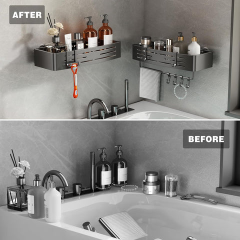 Voldra Shower Caddy Suction Cup, 2 Pack Shower Shelves for Inside Shower No Drilling, Aluminum Suction Showers Organizer with Towel Bar & Hooks Removable Bathroom Shelf Storage Rack(Gray)