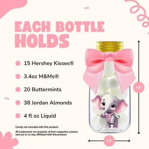 Ethisa Small 12 Pack Pink Elephant Party Favors - Candy Jars with Ribbons and Stickers - DIY Party Decoration Bottles for Baby Shower, Birthday, Gender Reveal, and Classroom - Girl Table Centerpiece