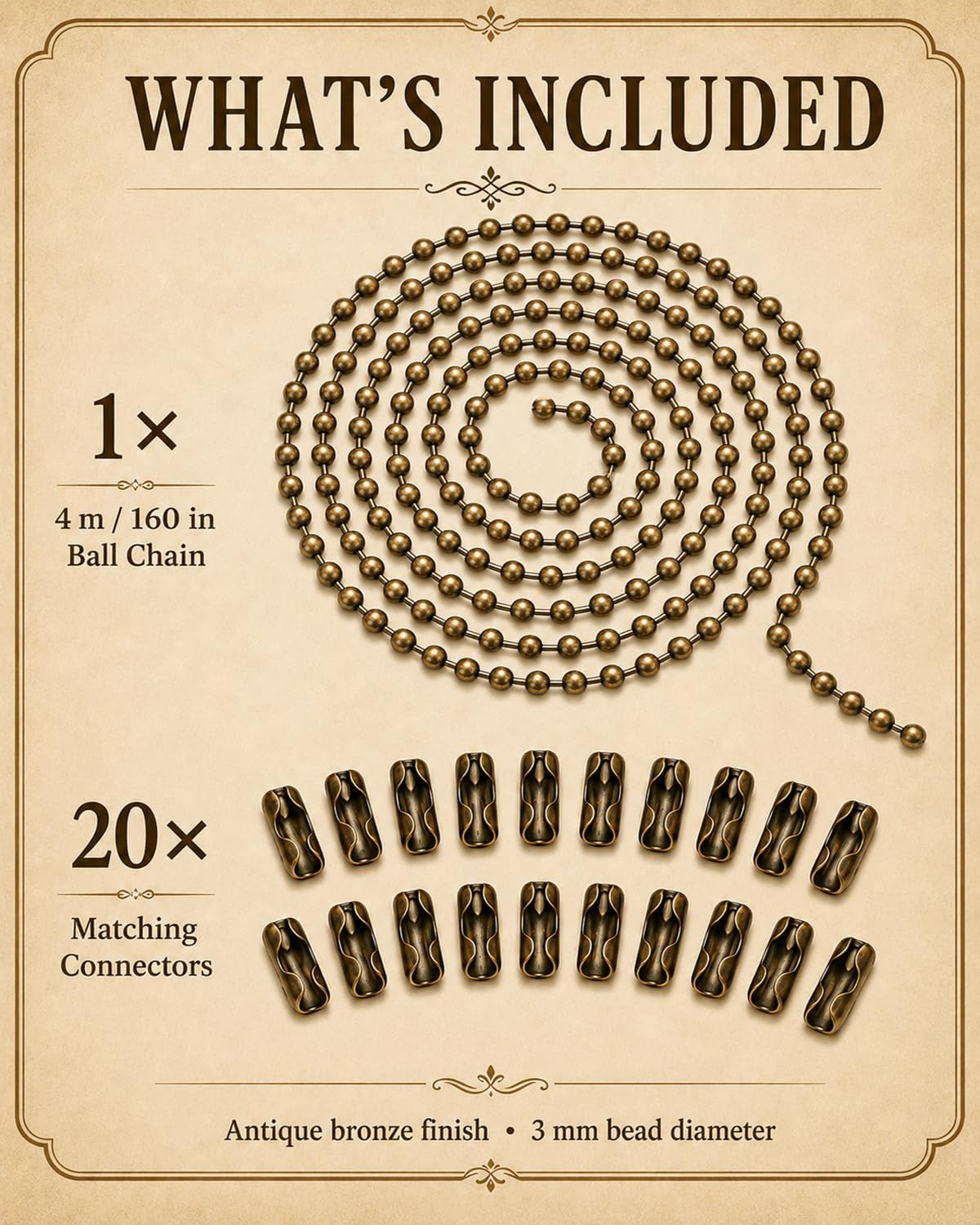 Ceiling Fan Pull Chain, 160 In Bronze Finish Ball Chain With 20 Connetors, Adjustable Length Ceiling Fan Chain, Fan Pull Chain Set For Ceiling Light Lamp Chain 3mm Bead Diameter