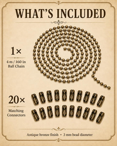 Ceiling Fan Pull Chain, 160 In Bronze Finish Ball Chain With 20 Connetors, Adjustable Length Ceiling Fan Chain, Fan Pull Chain Set For Ceiling Light Lamp Chain 3mm Bead Diameter