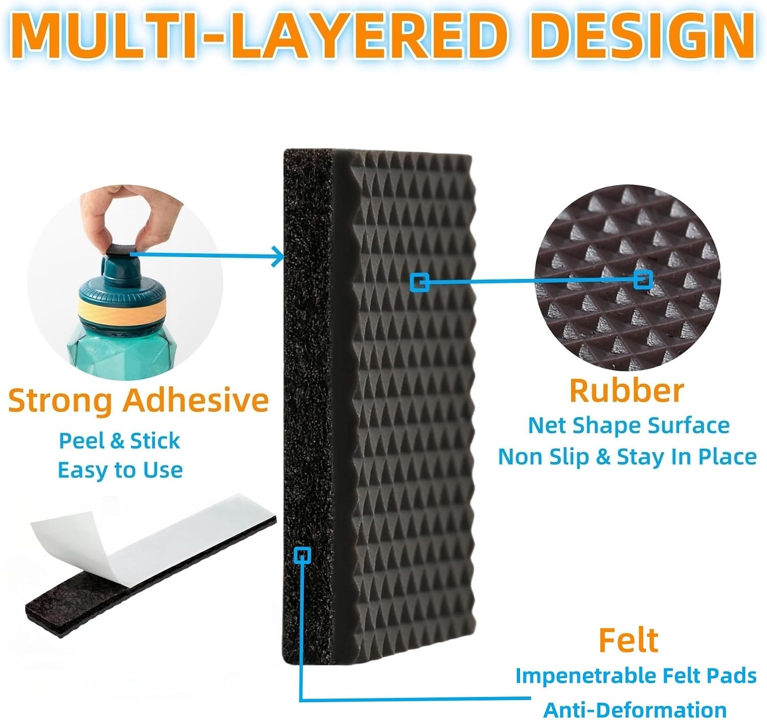 Non Slip Furniture Pads 1/2" x 3" Rubber Strips Self Adhesive Furniture Grippers Chair Leg Pads Rubber Chair Feet Anti Scratches Non Skid Furniture Pad Floor Protectors, 40 Pcs Rectangle