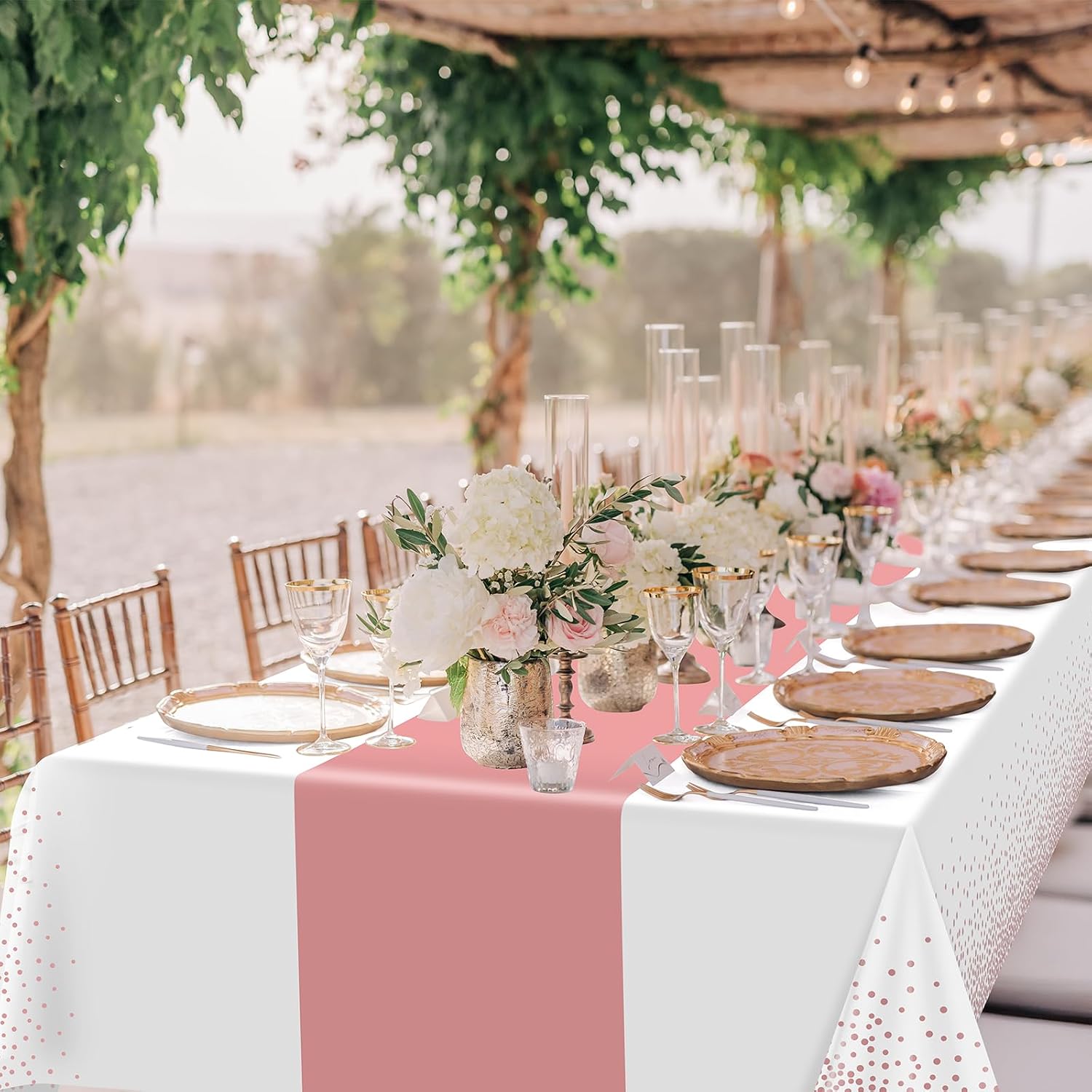 3Pcs White and Rose Gold Tablecloth Party Decorations,Plastic White Table Cloth Printed Rose Gold Table Runner Disposable Rectangle Cover for Birthday Anniversary Wedding Grad Party,54 x108 Inch