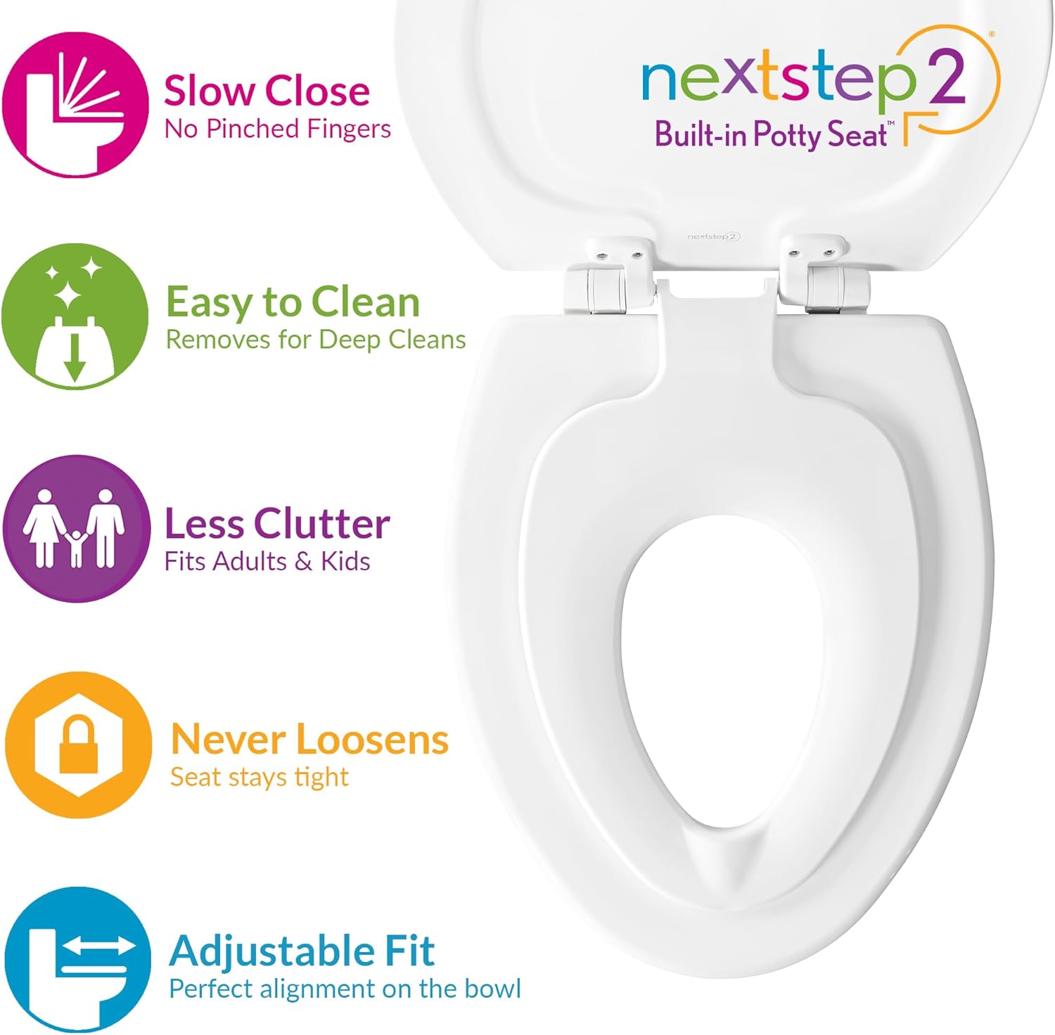 Mayfair NextStep2 Toilet Seat with Built-In Potty Training Seat, Slow-Close, Removable that will Never Loosen, Elongated, White