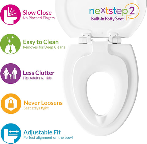 Mayfair NextStep2 Toilet Seat with Built-In Potty Training Seat, Slow-Close, Removable that will Never Loosen, Elongated, White