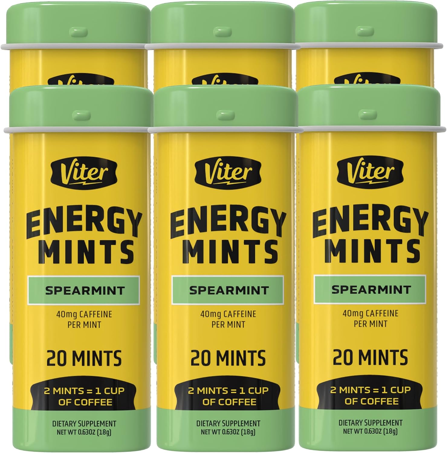Viter Energy Caffeine Mints 40mg, Sugar Free, Spearmint, 20ct, 6 Pack