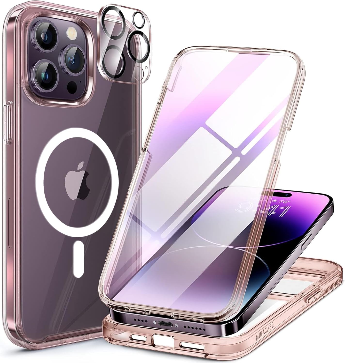 Miracase Magnetic for iPhone 14 Pro Case 6.1 inch, (Compatible with MagSafe) Upgrade Full-Body Clear Phone Bumper Case with Built-in 9H Tempered Glass Screen Protector, Magnetic Clear Pink