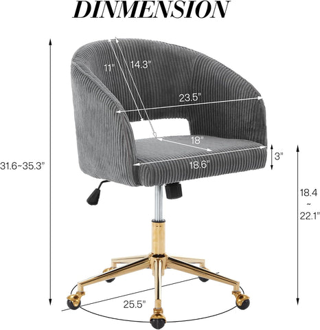 KCC Vanity Chair Corduroy Desk Chair with Gold Base for Living Room,Gray