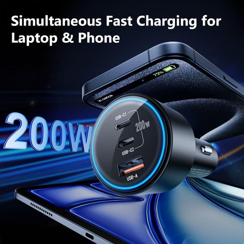 USB C Car Charger Fast Charging 200W, Dual PD 100W Type C Car Charger，