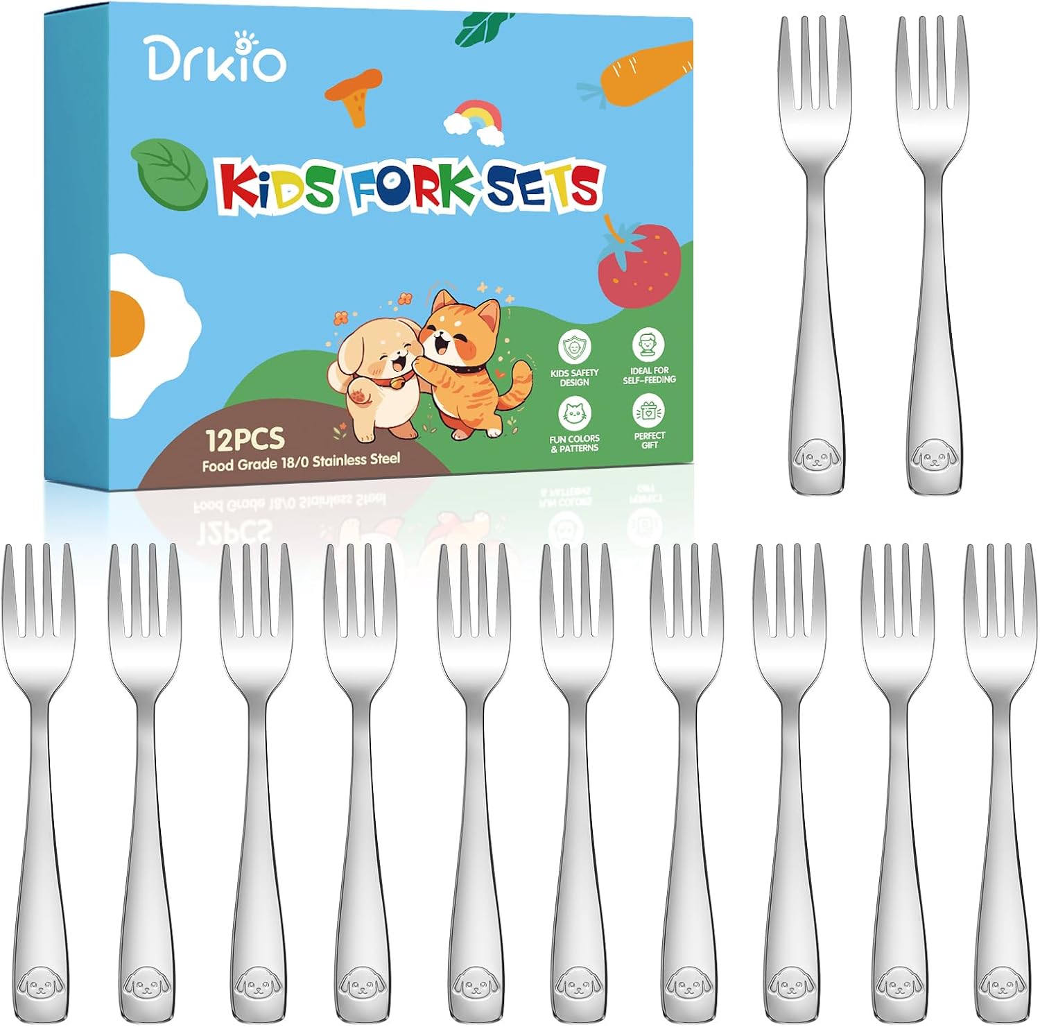 DRKIO 12Pcs Stainless Steel Toddler Forks Set Small Metal Kids Silverware
