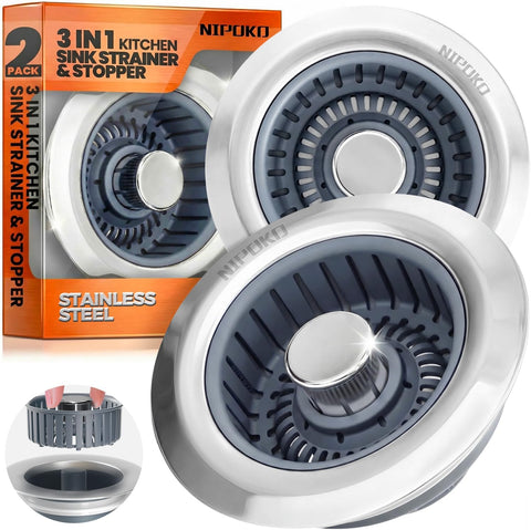 3 in 1 Kitchen Sink Drain Strainer Stopper Basket Pop Up Silver
