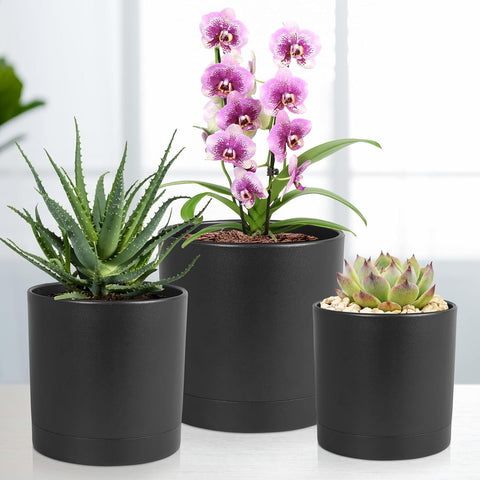 Meowell 7/6.5/6/5/4 inch Plant Pots for Small Indoor Outdoor Plants, 5 Pack Cylinder Flower Pots with Drainage Holes and Saucers, Plastic Planters for Garden Succulent House Plants, Black