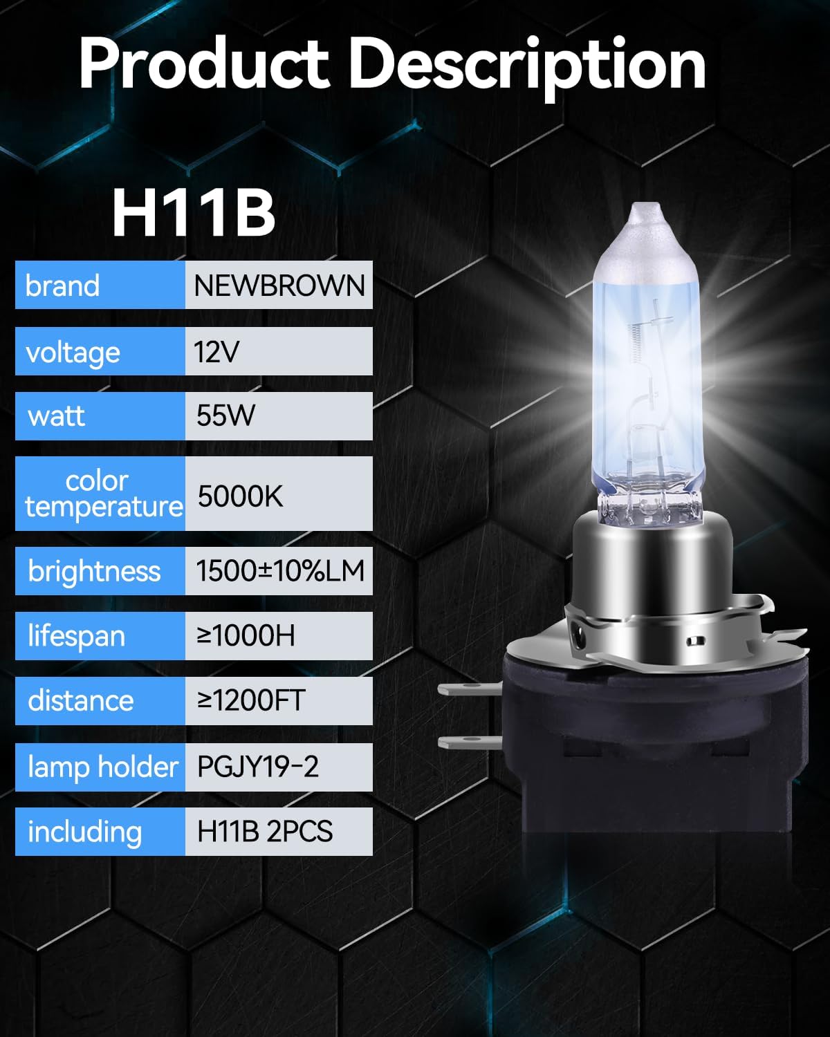 NEWBROWN H11B Headlight Bulb Halogen Bulb 5000K Super White Light Long Life Replacement PGJY19-2 12V/55W (H11B, 2 Pack)