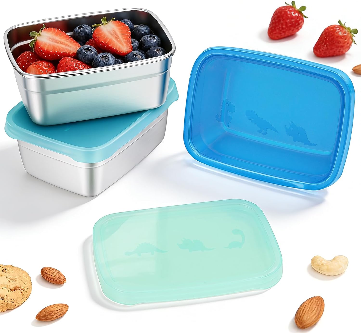 Tanjiae 3-Pack Stainless Steel Snack Containers for Kids & Toddlers - 550ml (18oz) Leakproof Colorful Lids with Cute Dinosaurs | LFGB Certified, Stackable Metal Lunch Box for Daycare, School, Travel
