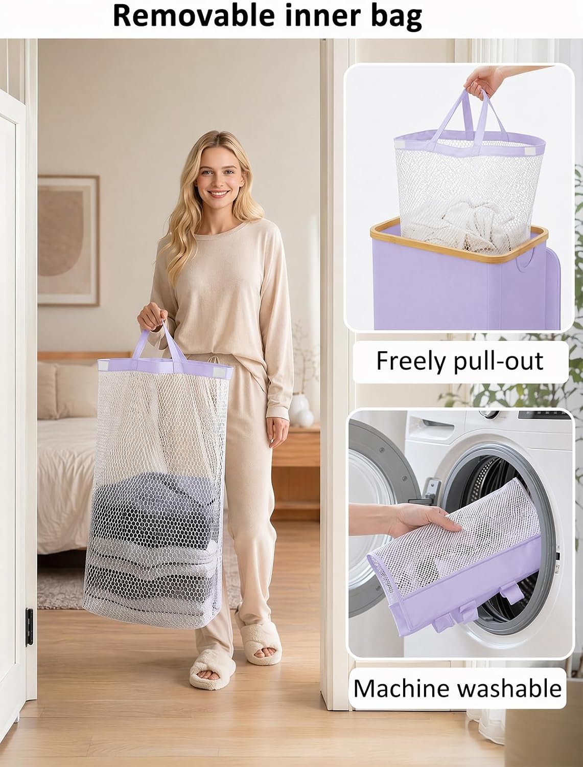 IEGrow Laundry Hamper with Lid,110L Laundry Basket with Mesh Bags,Purple