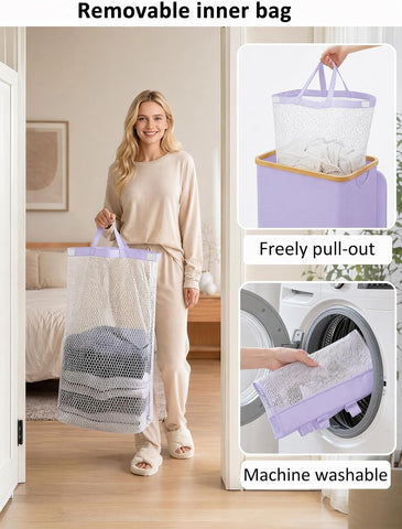 IEGrow Laundry Hamper with Lid,110L Laundry Basket with Mesh Bags,Purple
